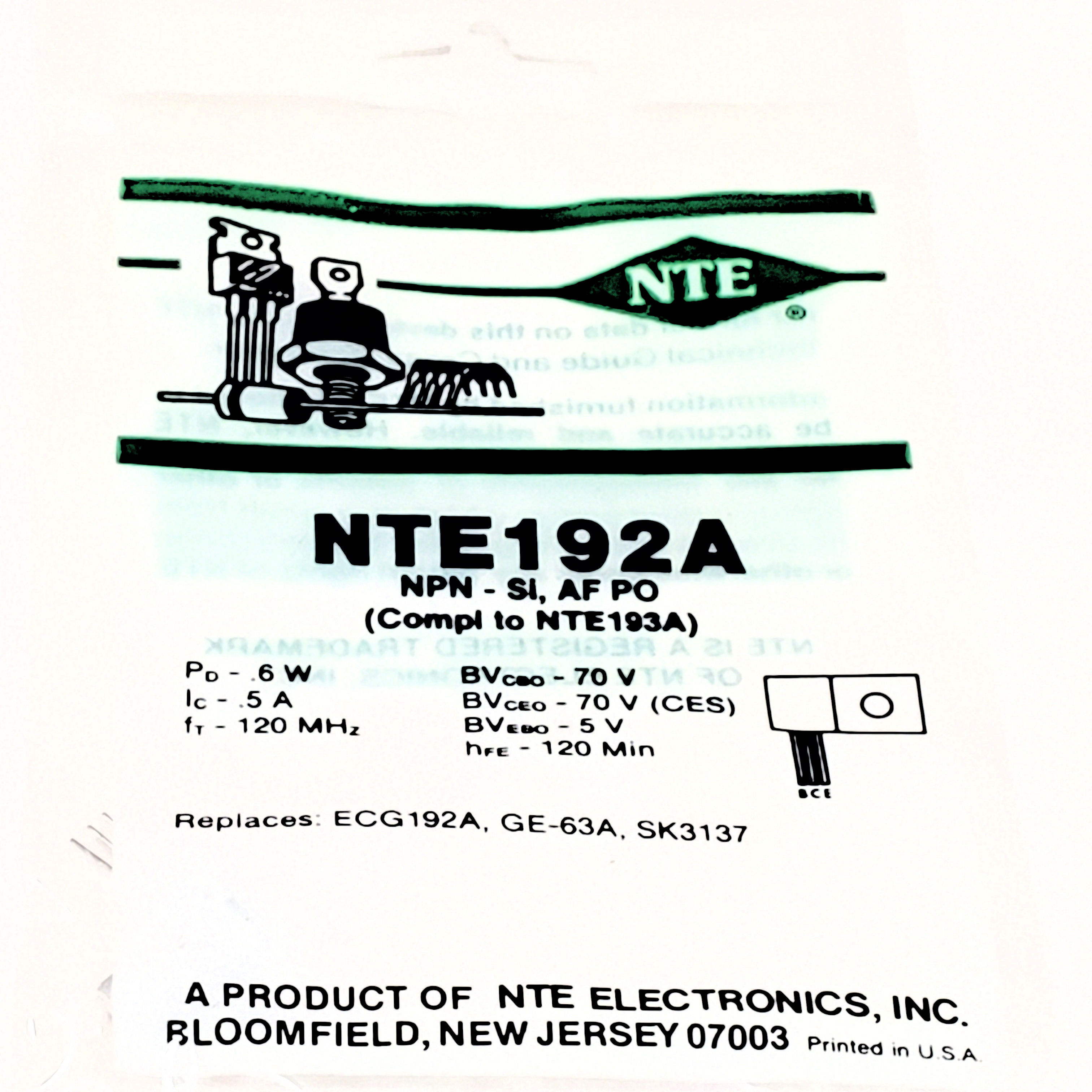 NTE192A  TO-92 with heat sink AKA SK3137 1 pc