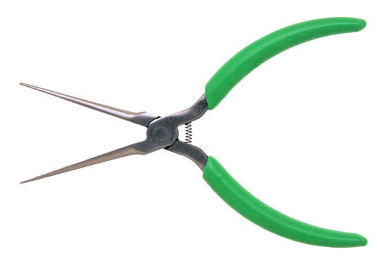 6" Long Needle Nose Pliers, Serrated Jaws, Green Cushion Grips